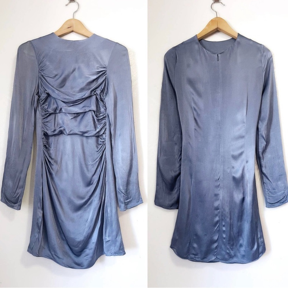 SHONA JOY Lily Long Sleeve Ruched Mini Dress Viscose Blue Smoke, Sz USA 10